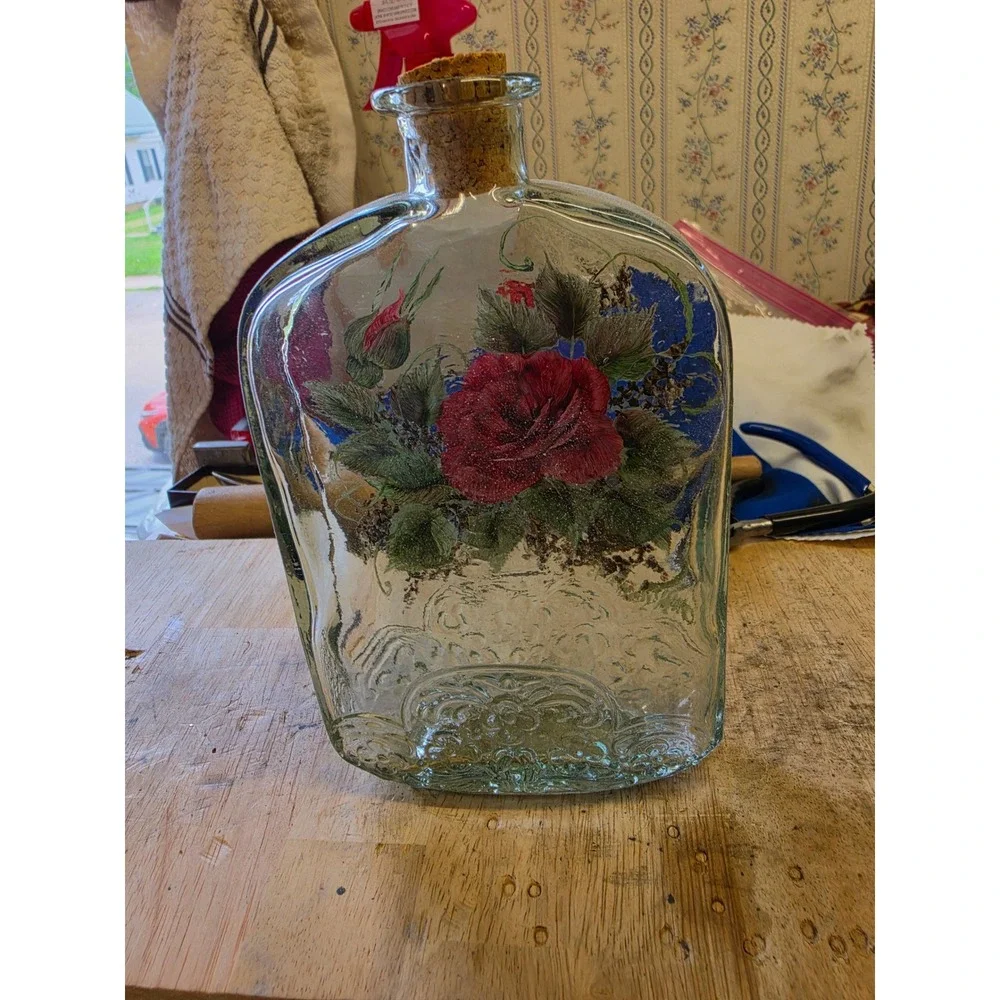 Vintage Hand Painted Red Rose Glass Decanter Bottle with Cork Stopper 7 Inch